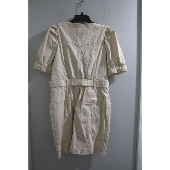 Anthropologie Dress Tan Utility Style Short Sleeve Puff Sleeves Pockets Size 12 - Picture 6 of 7